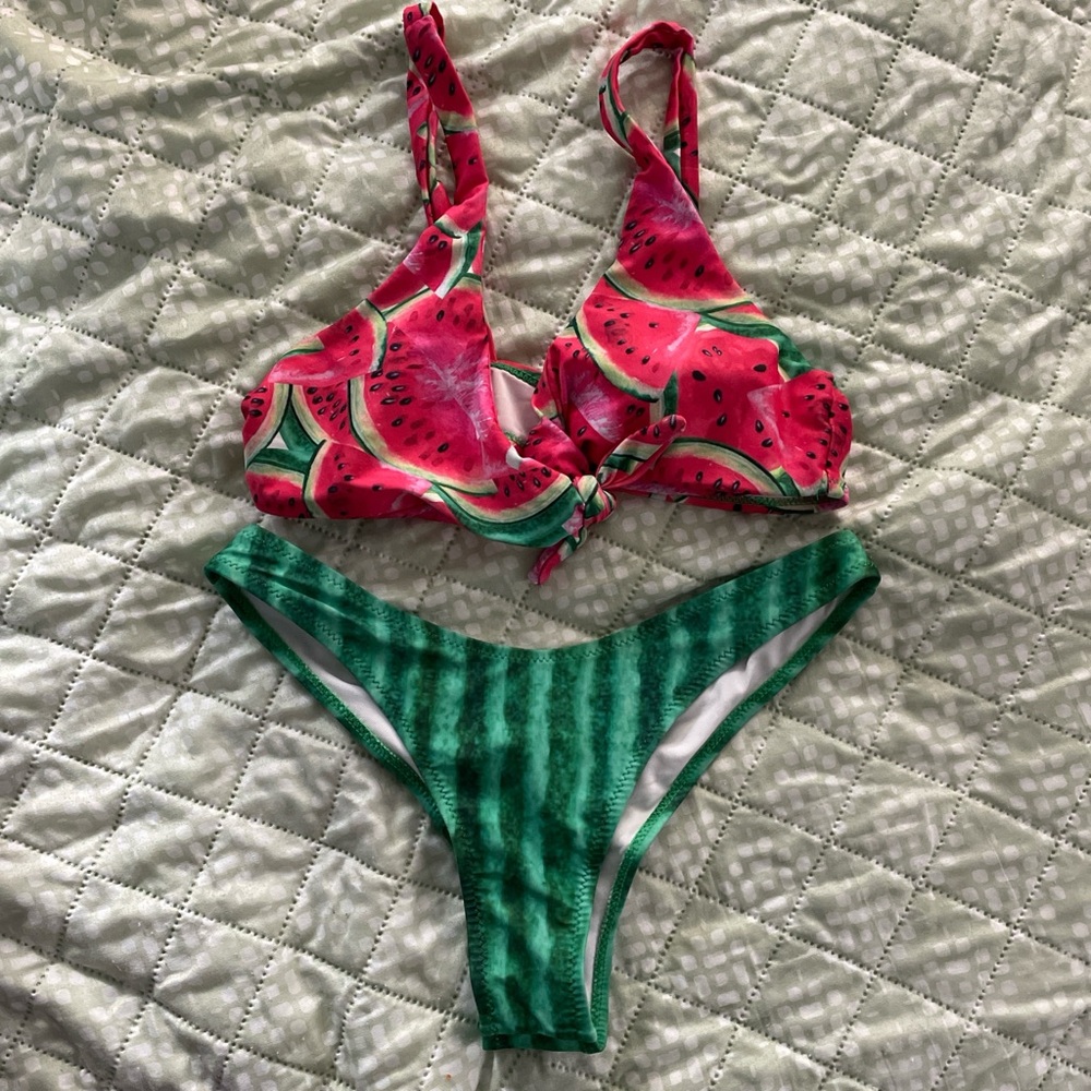 Zaful Watermelon Print Bikini - pink and Green